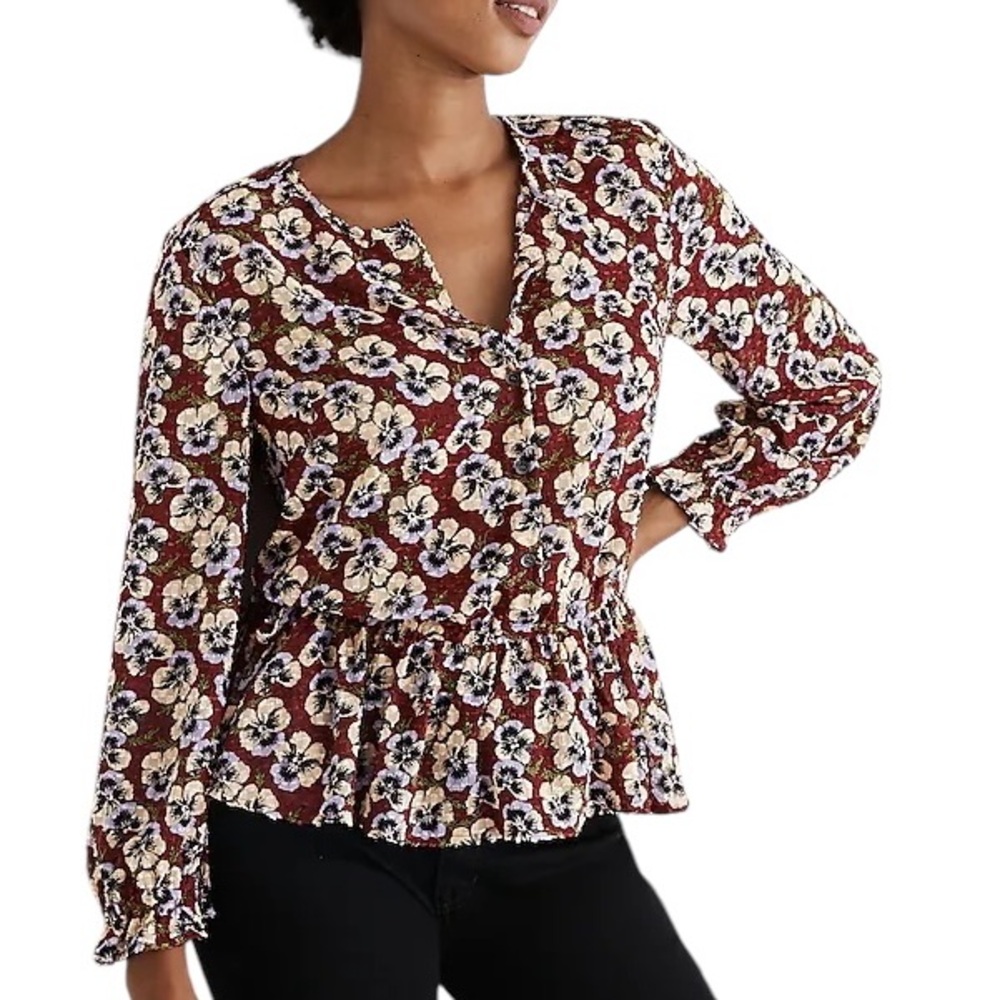 Madewell Viola Floral Ruffle Drawstring Top in Pansy Floral Dusty Burgundy - M